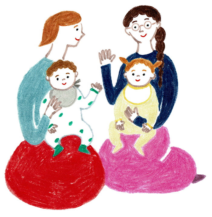 新生児の子供を抱っこする母親同士が会話しているアイコン